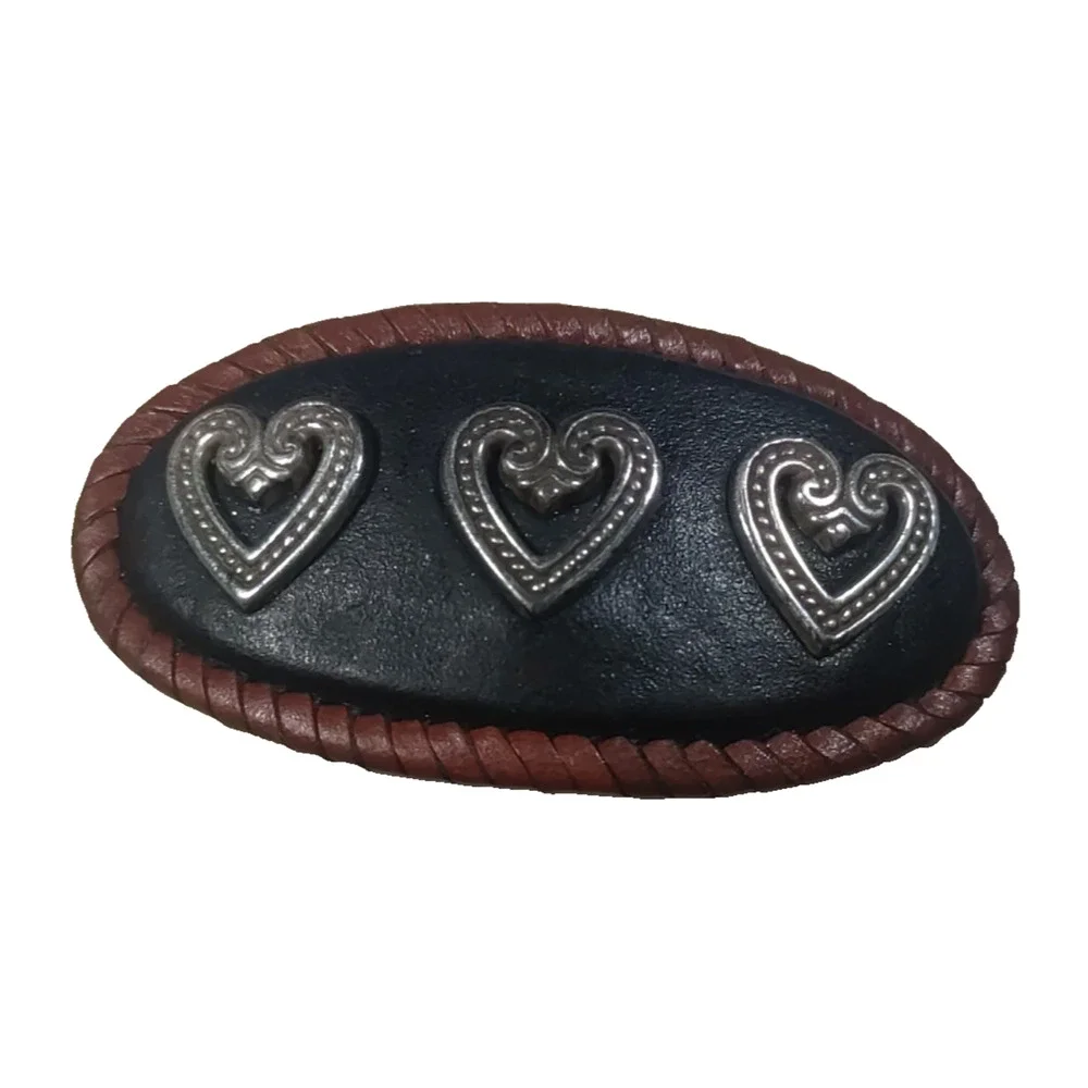 Leather Hair Barrette Tension Clip Brown Black Leather Silver Tone Hearts